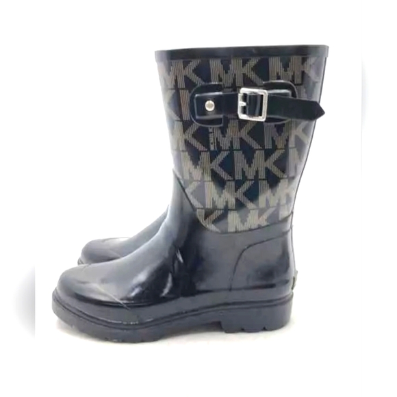 Michael Kors MK Designer Sutter Black Gray Monogram Waterproof Rain Boots Size 7 - Picture 1 of 11